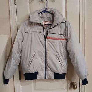 VTG 70s JCPenny Ladies' Ski Wear Grey Down Bomber Puffer Coat Navy/Pink Stripes